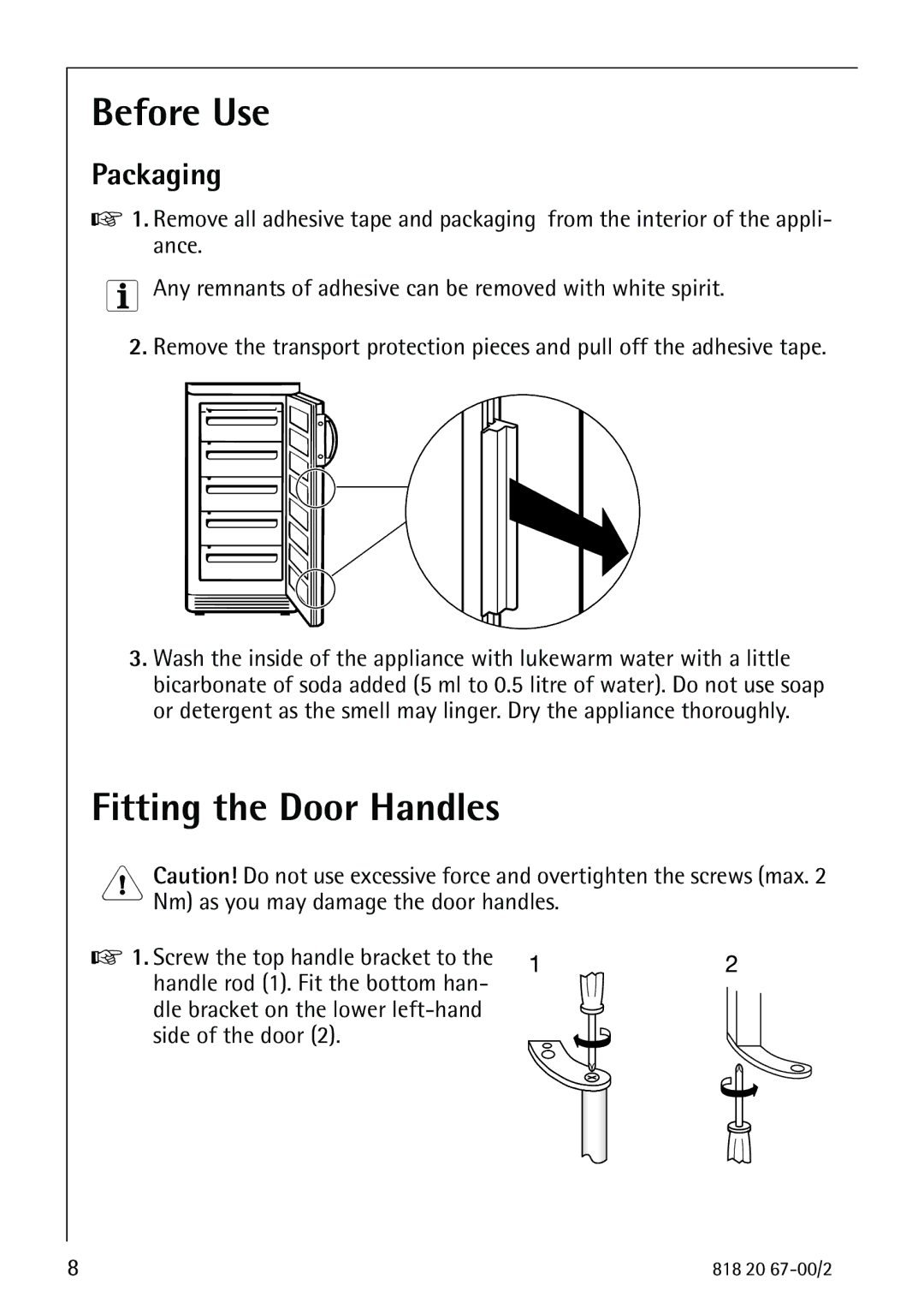 Electrolux 2498-6 GA operating instructions Before Use, Fitting the Door Handles 