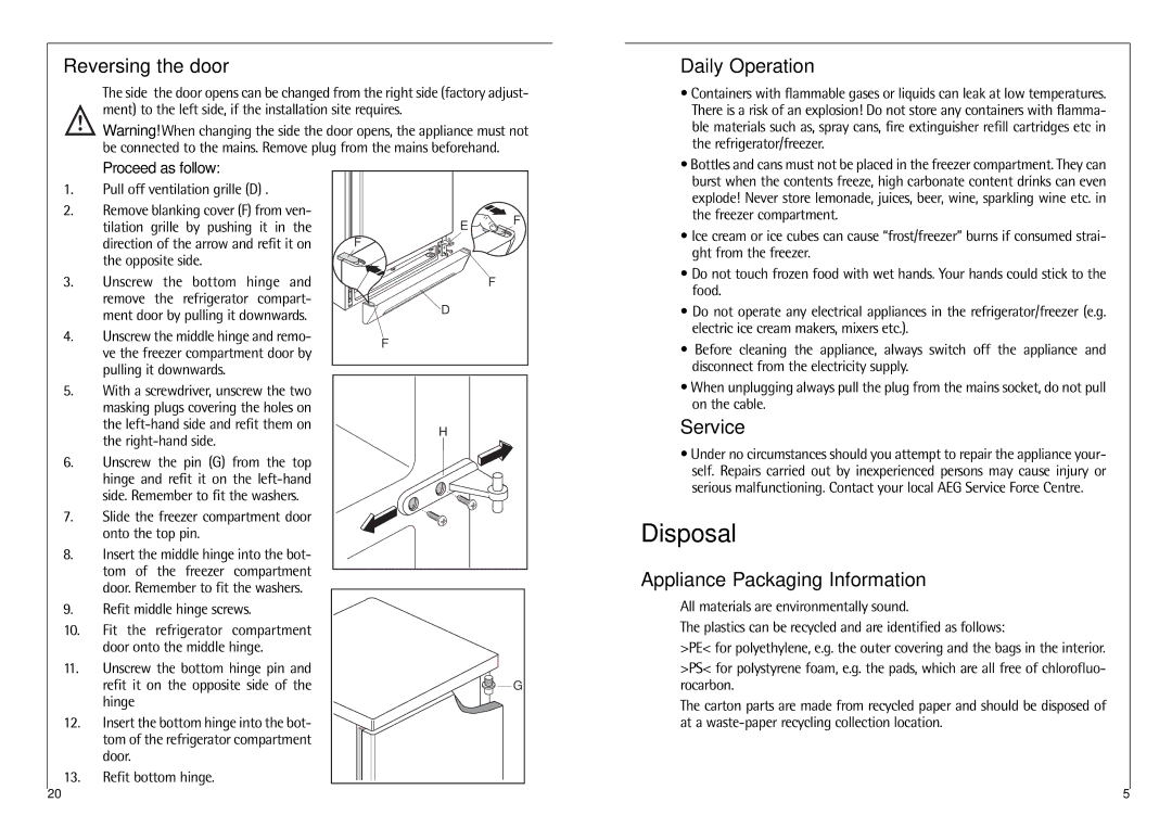 Electrolux 2590-6 DT manual Disposal, Reversing the door, Daily Operation, Service, Appliance Packaging Information 