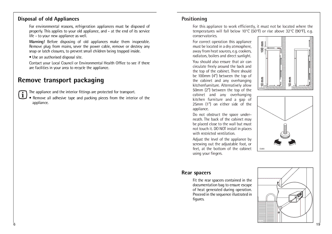 Electrolux 2590-6 DT manual Remove transport packaging, Disposal of old Appliances, Positioning, Rear spacers 