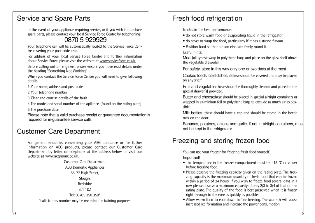 Electrolux 2590-6 DT manual Service and Spare Parts, 0870 5, Customer Care Department, Fresh food refrigeration 