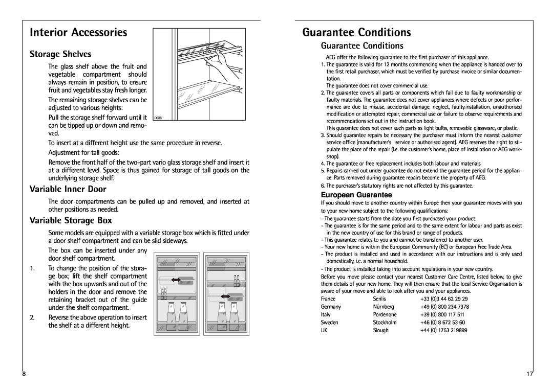 Electrolux 2590-6 DT Interior Accessories, Guarantee Conditions, Storage Shelves, Variable Inner Door, European Guarantee 