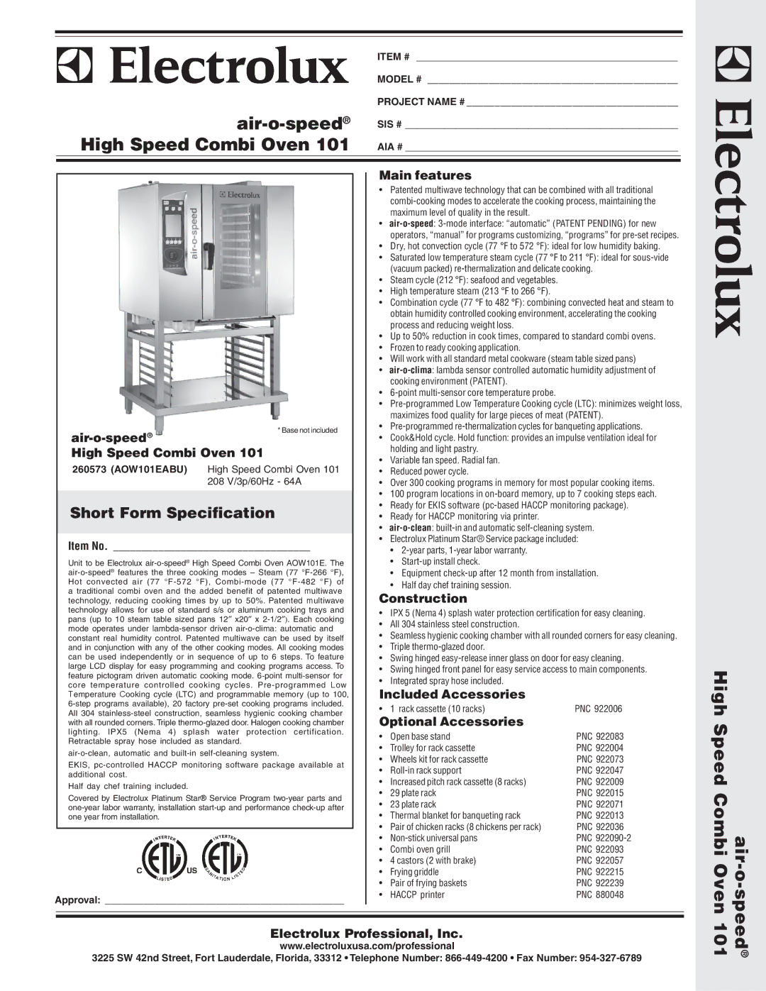 Electrolux 260573 (AOW101EABU) warranty Short Form Specification 