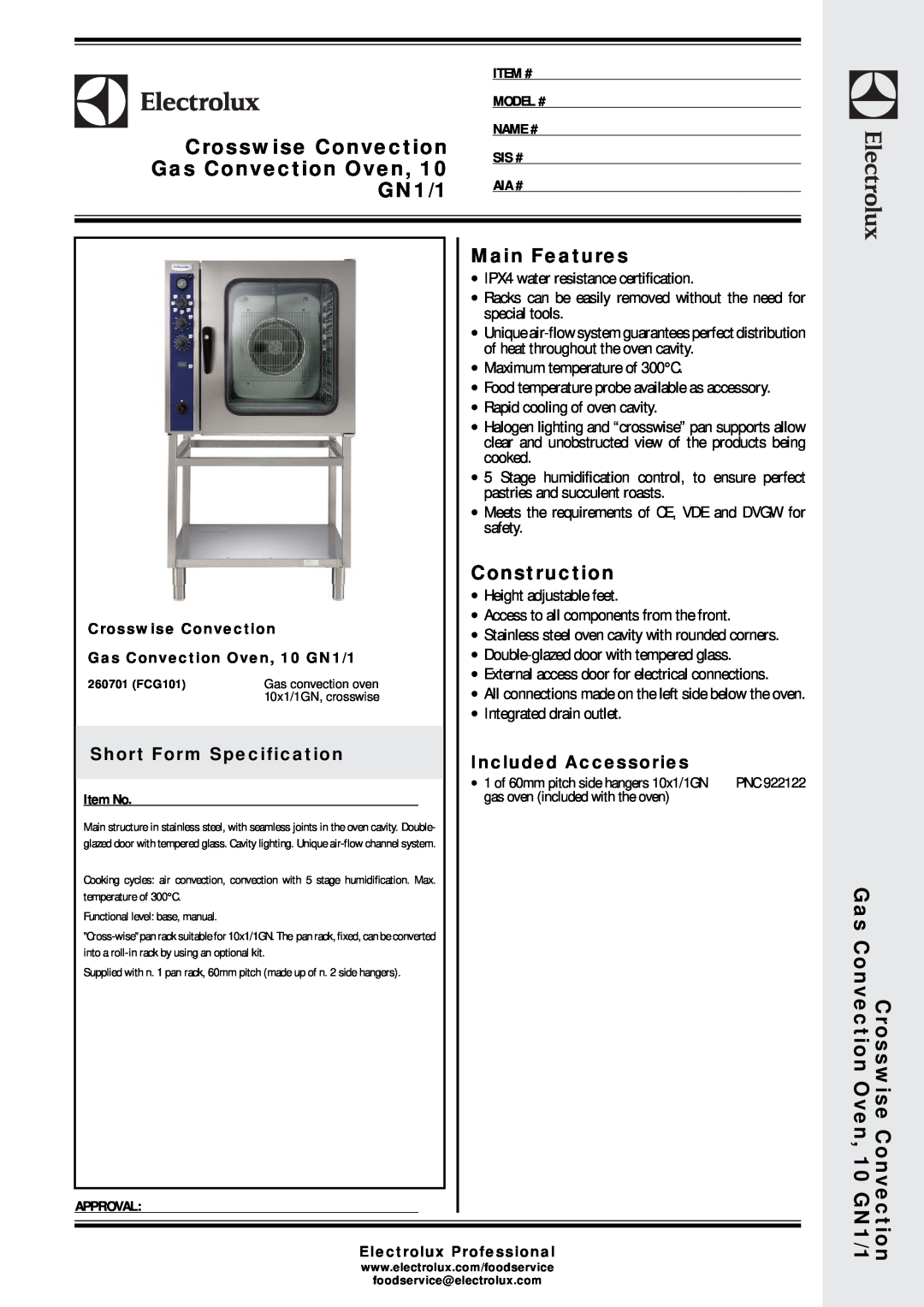 Electrolux 260701 (FCG101) manual Crosswise Convection, Gas Convection Oven, GN1/1, Main Features, Construction 