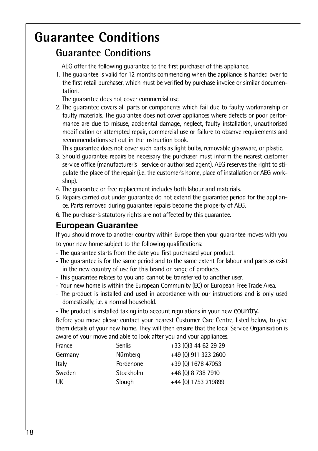 Electrolux 2642-6 KG manual Guarantee Conditions, European Guarantee 