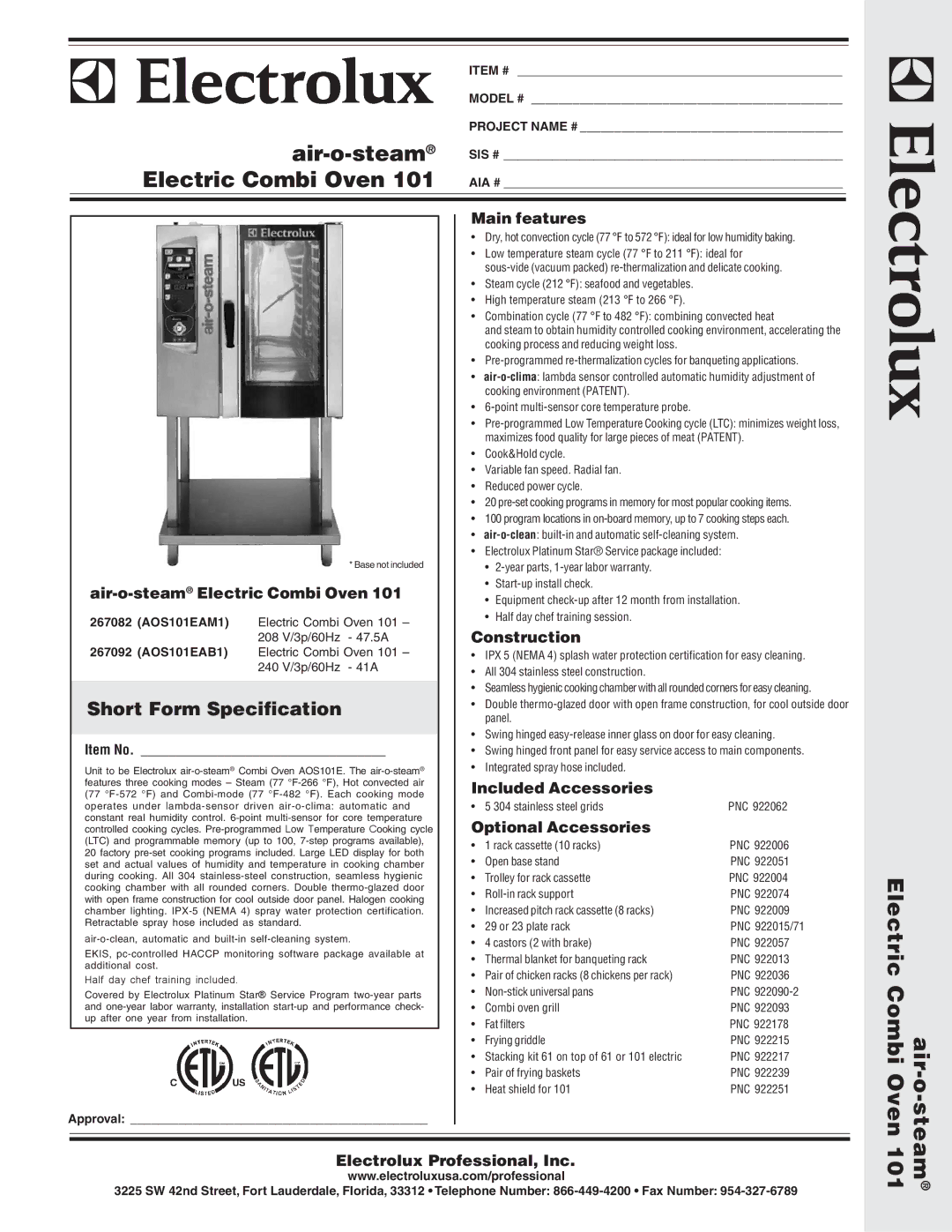 Electrolux 267082 (AOS101EAM1), 267092 (AOS101EAB1) warranty Air-o-steam, Air-o- Electric Combi Oven, Steam 