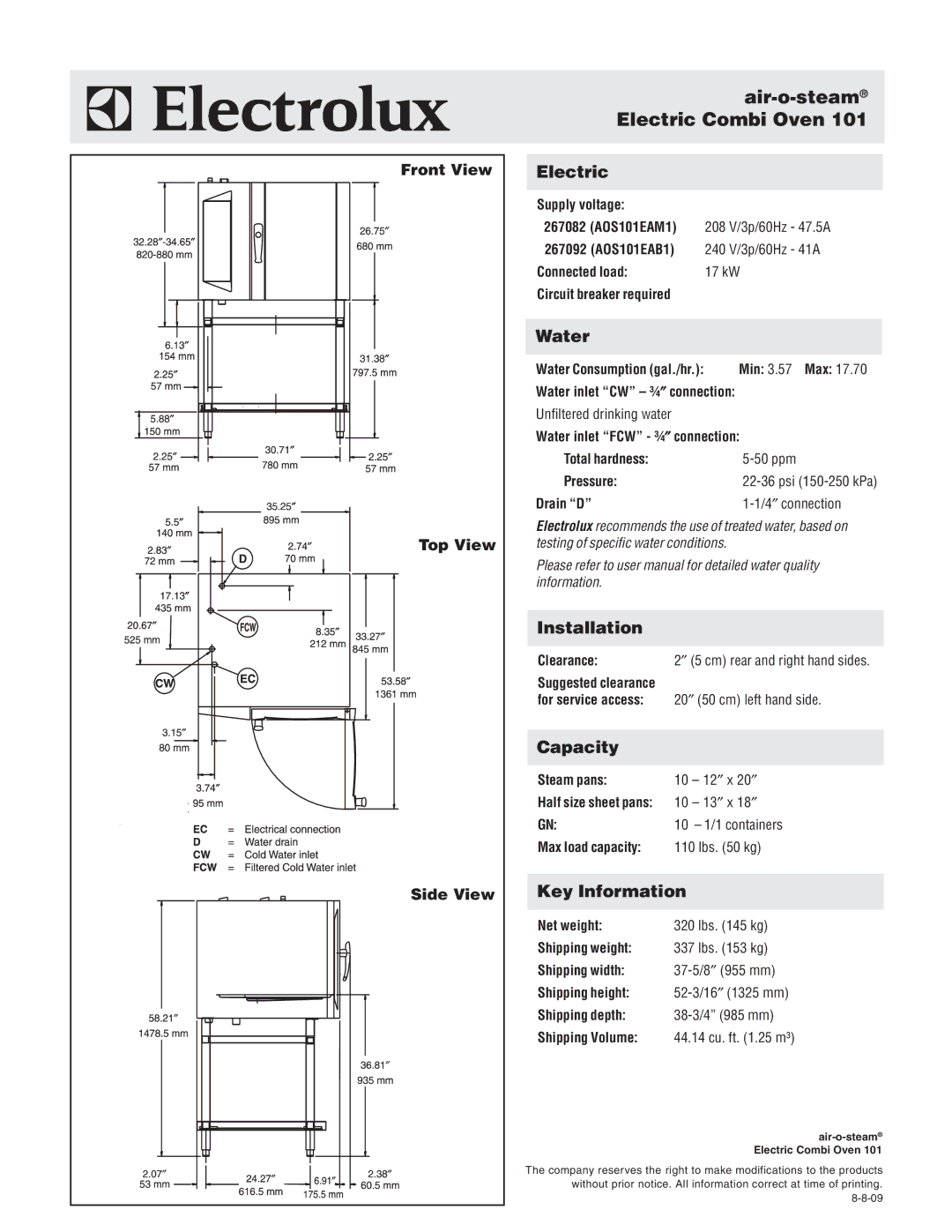 Electrolux 267092 (AOS101EAB1), 267082 (AOS101EAM1) warranty Electric, Water, Installation, Capacity, Key Information 