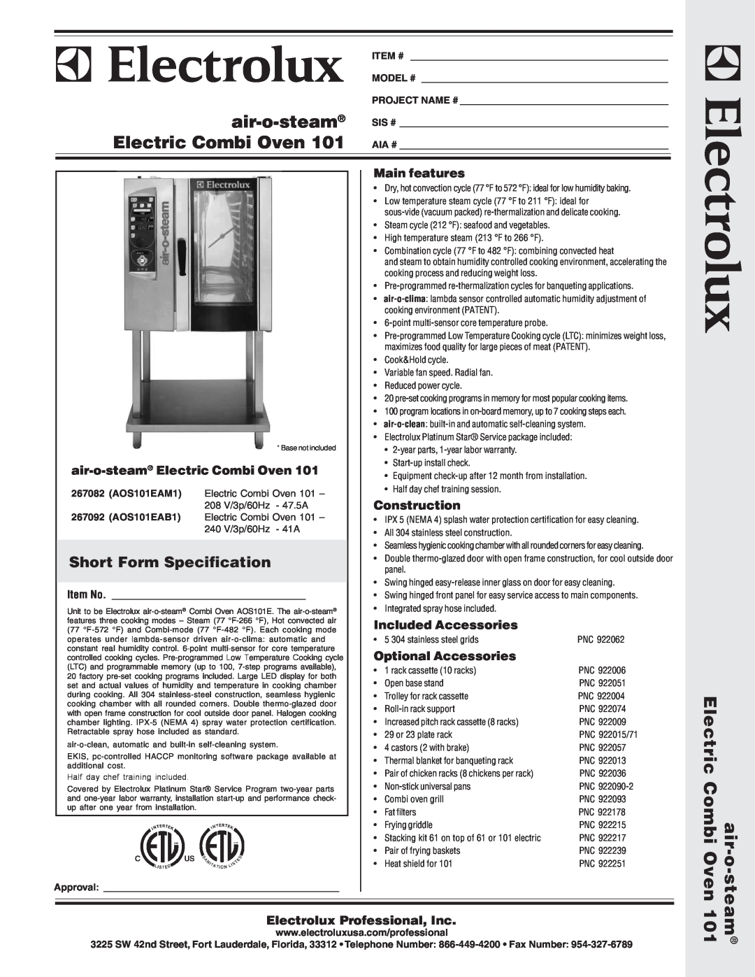 Electrolux 267082 (AOS101EAM1) warranty Short Form Specification, air-o-steam Electric Combi Oven, Main features, Item # 