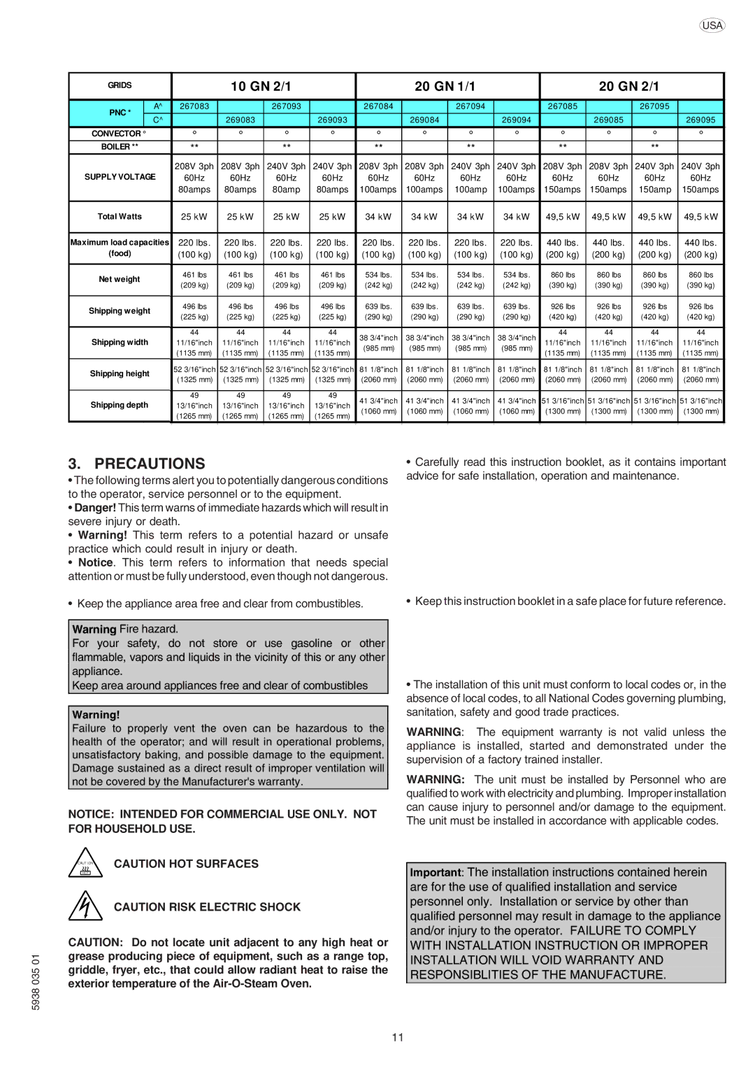 Electrolux 269085, 267095, 267090, 267091, 267093, 267081, 267080, 267085, 267083, 2604 Precautions, 10 GN 2/1 20 GN 1/1 20 GN 2/1 