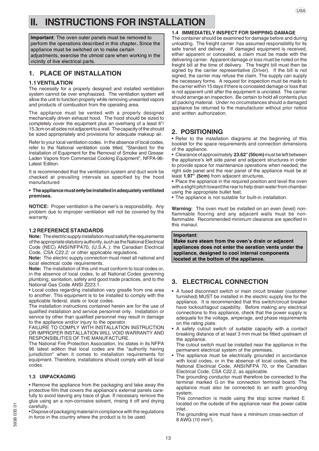 Electrolux 269092, 267095, 2604 Place of Installation, Positioning, Electrical Connection, Ventilation, Reference Standards 