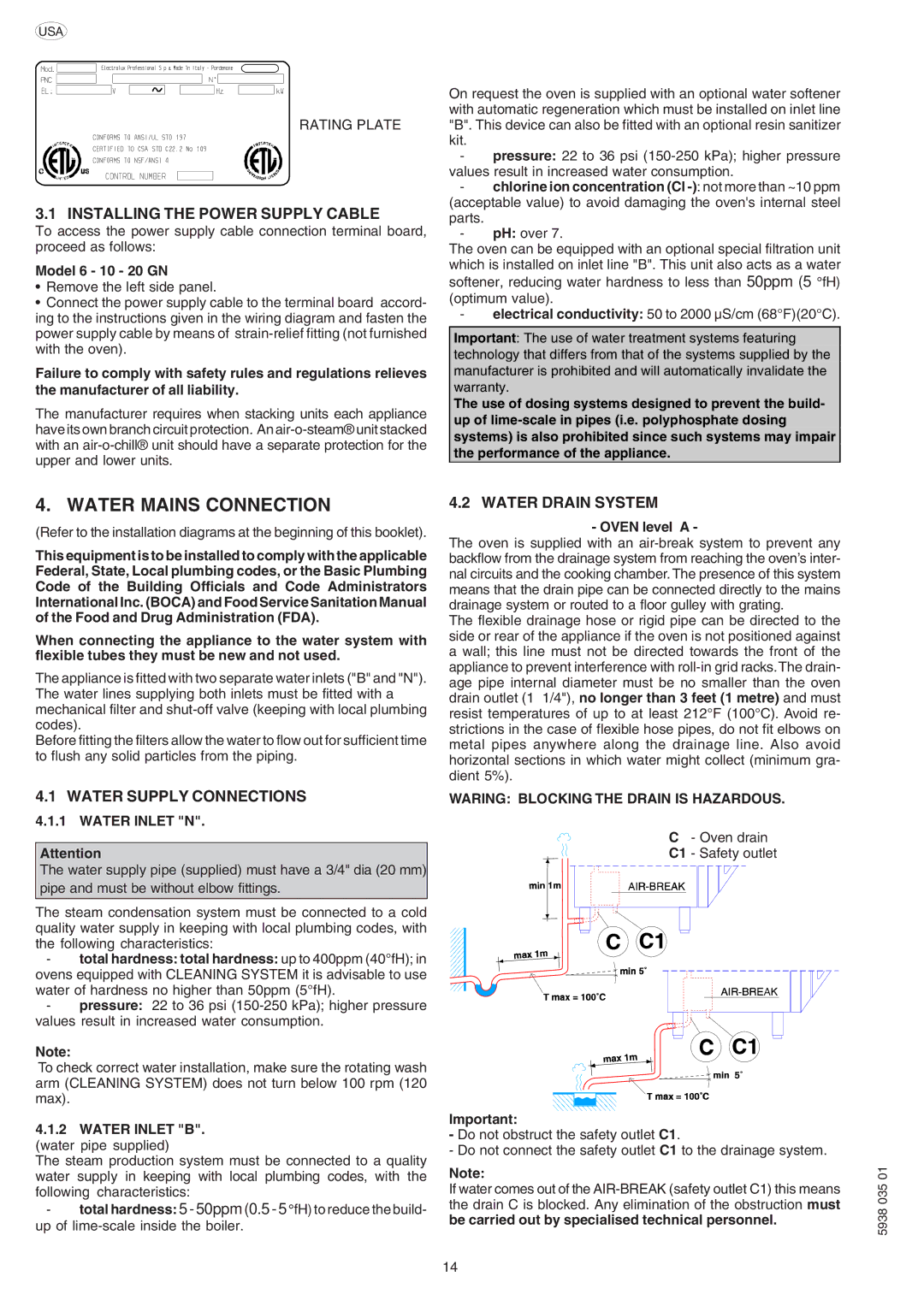 Electrolux 267094 Water Mains Connection, Installing the Power Supply Cable, Water Supply Connections, Water Drain System 