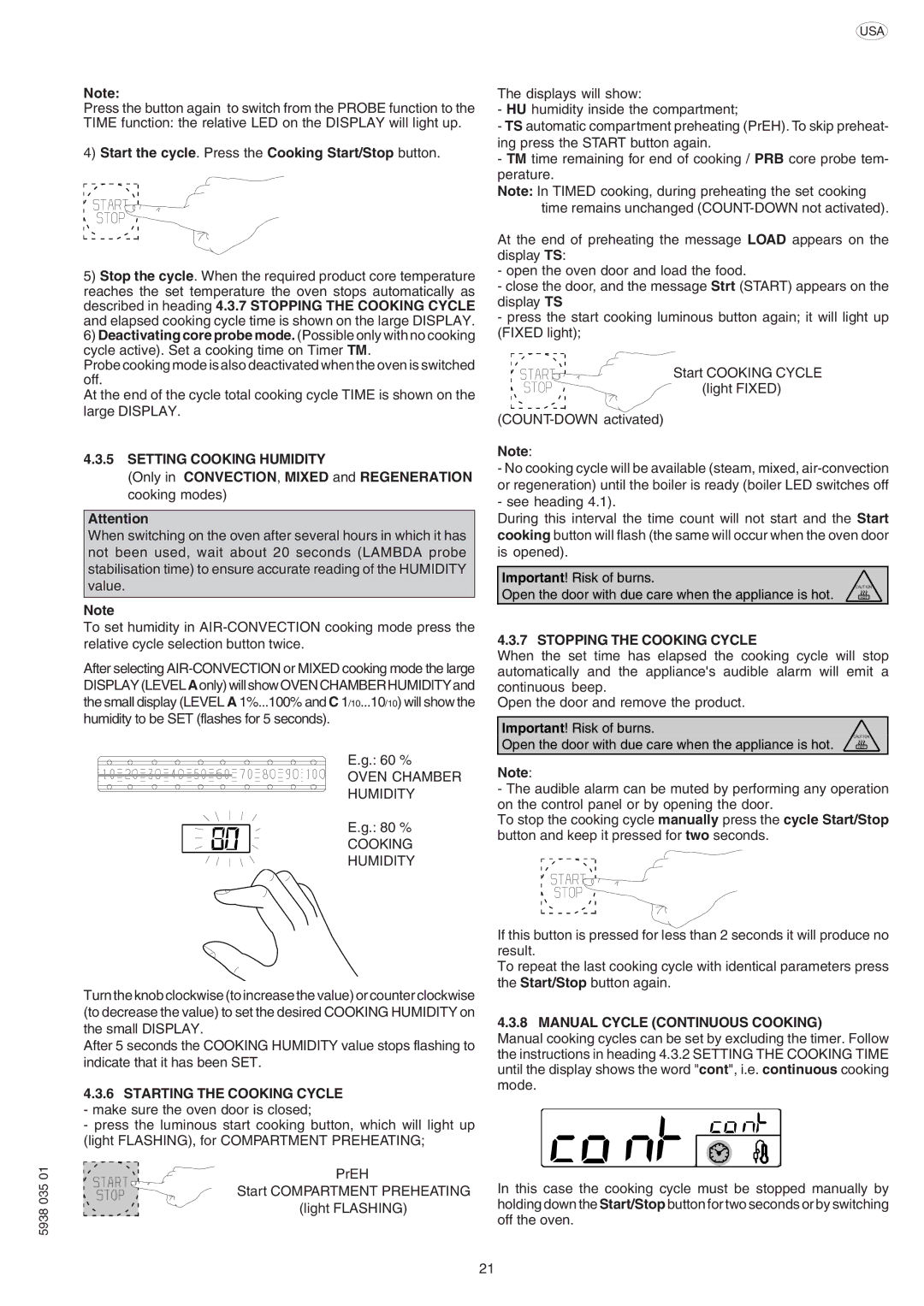 Electrolux 269091, 267095, 267090, 267091 Start the cycle. Press the Cooking Start/Stop button, Setting Cooking Humidity 