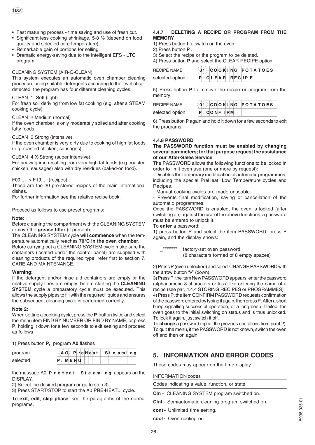 Electrolux 260450 Information and Error Codes, Deleting a Recipe or Program from the Memory, Selected option, Password 