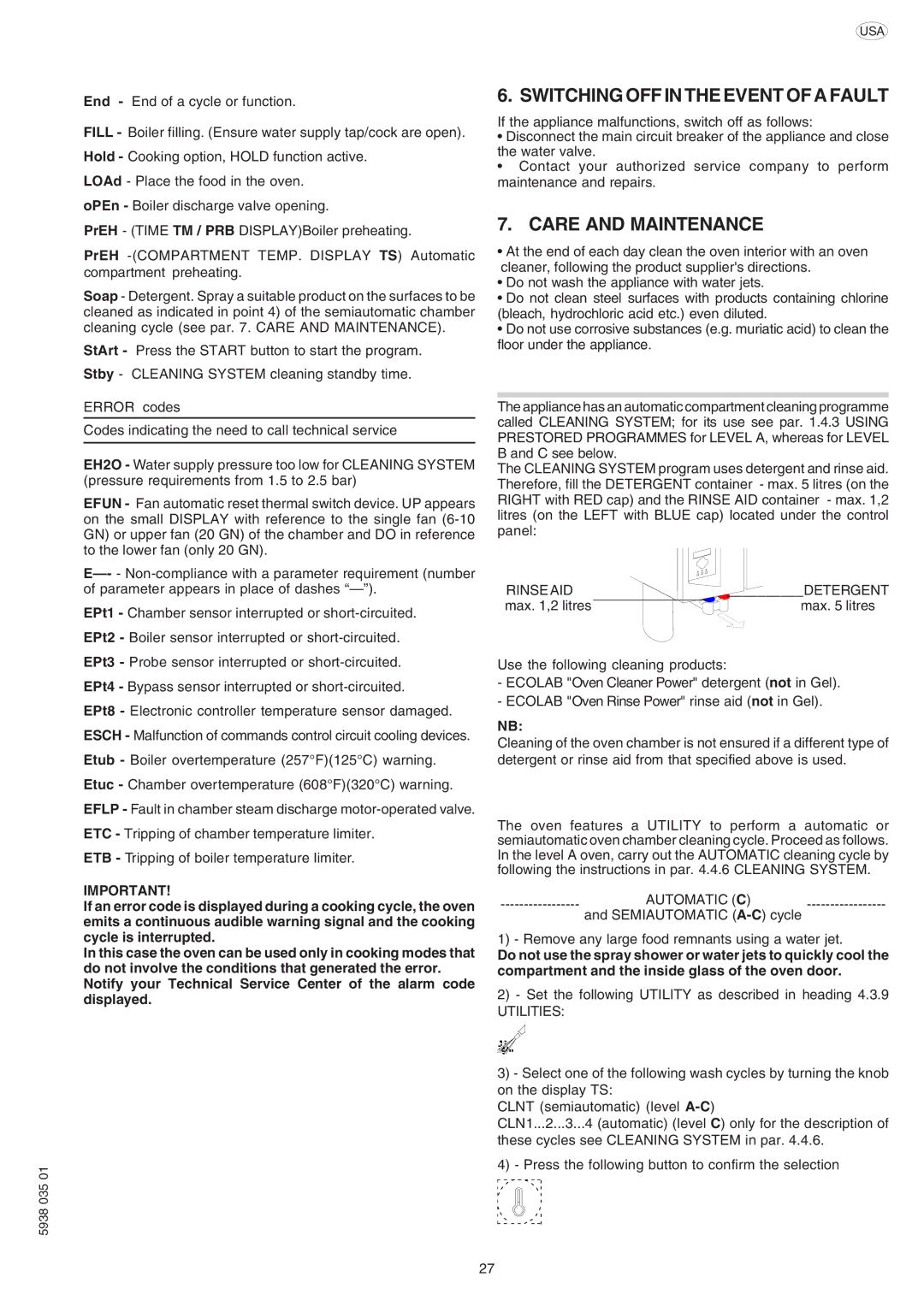 Electrolux 260456, 267095, 267090, 267091, 267093 manual Switching OFF in the Event of a Fault, Care and Maintenance, Rinse AID 