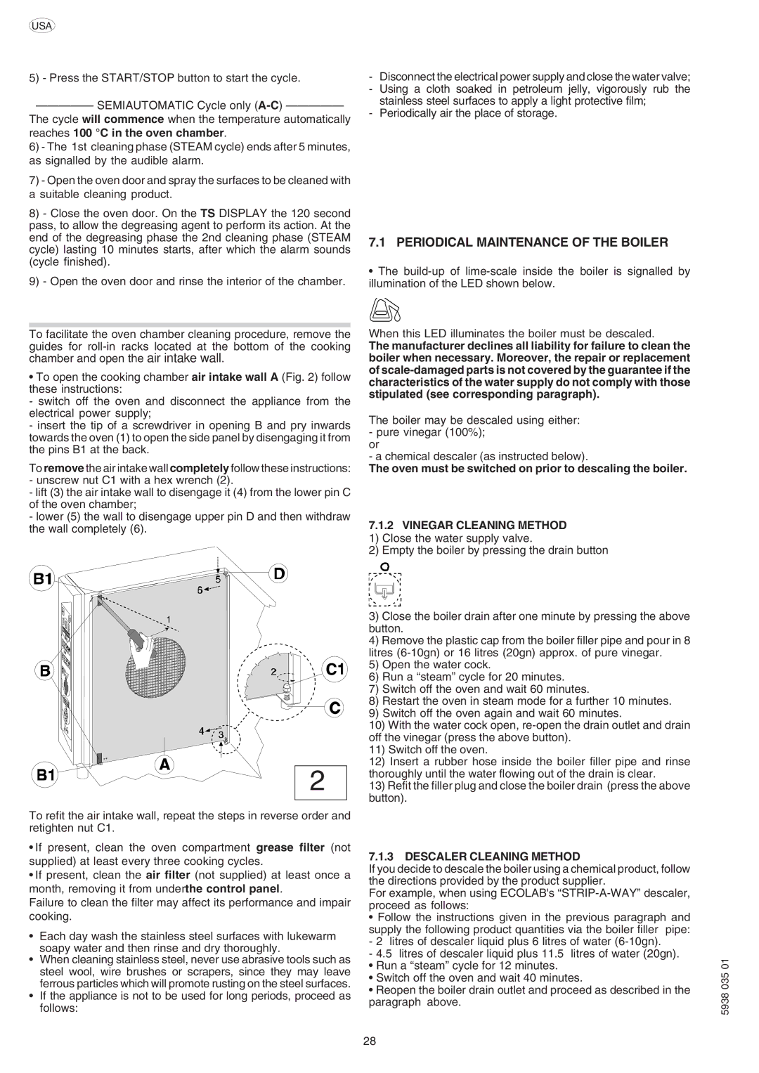 Electrolux 260451, 267095, 267090, 267091, 267093, 267081 manual Periodical Maintenance of the Boiler, Descaler Cleaning Method 