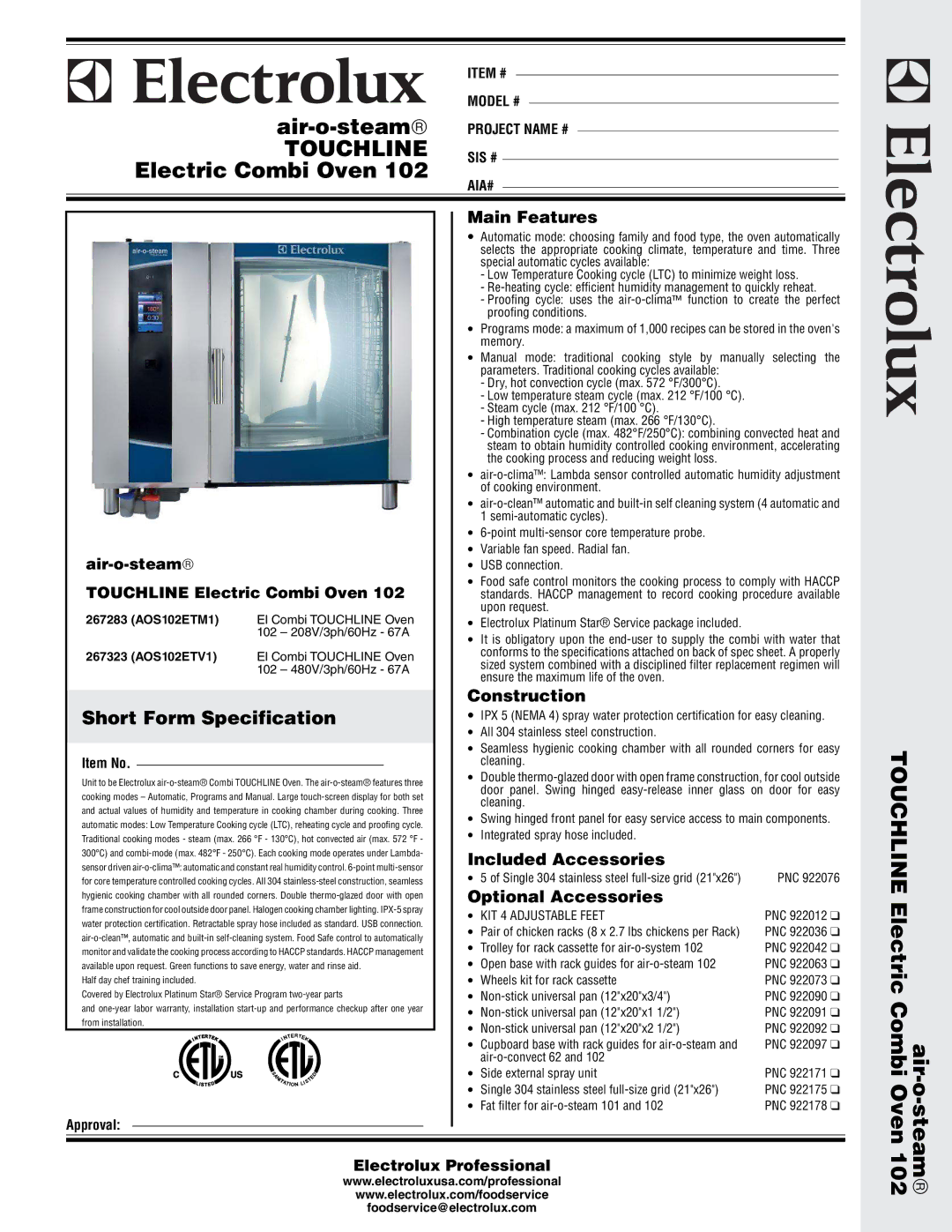 Electrolux 267283 (AOS102ETM1) warranty Proofing conditions, Steam cycle max F/100 C High temperature steam max F/130C 