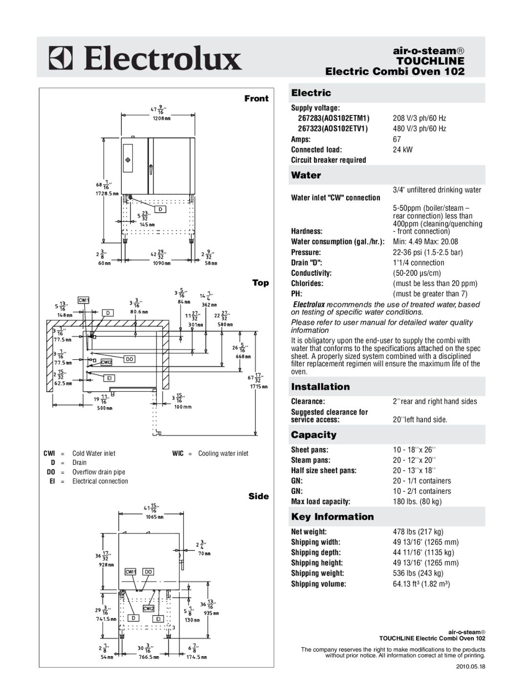 Electrolux 267323 (AOS102ETV1), 267283 (AOS102ETM1) warranty Electric, Water, Installation, Capacity, Key Information 