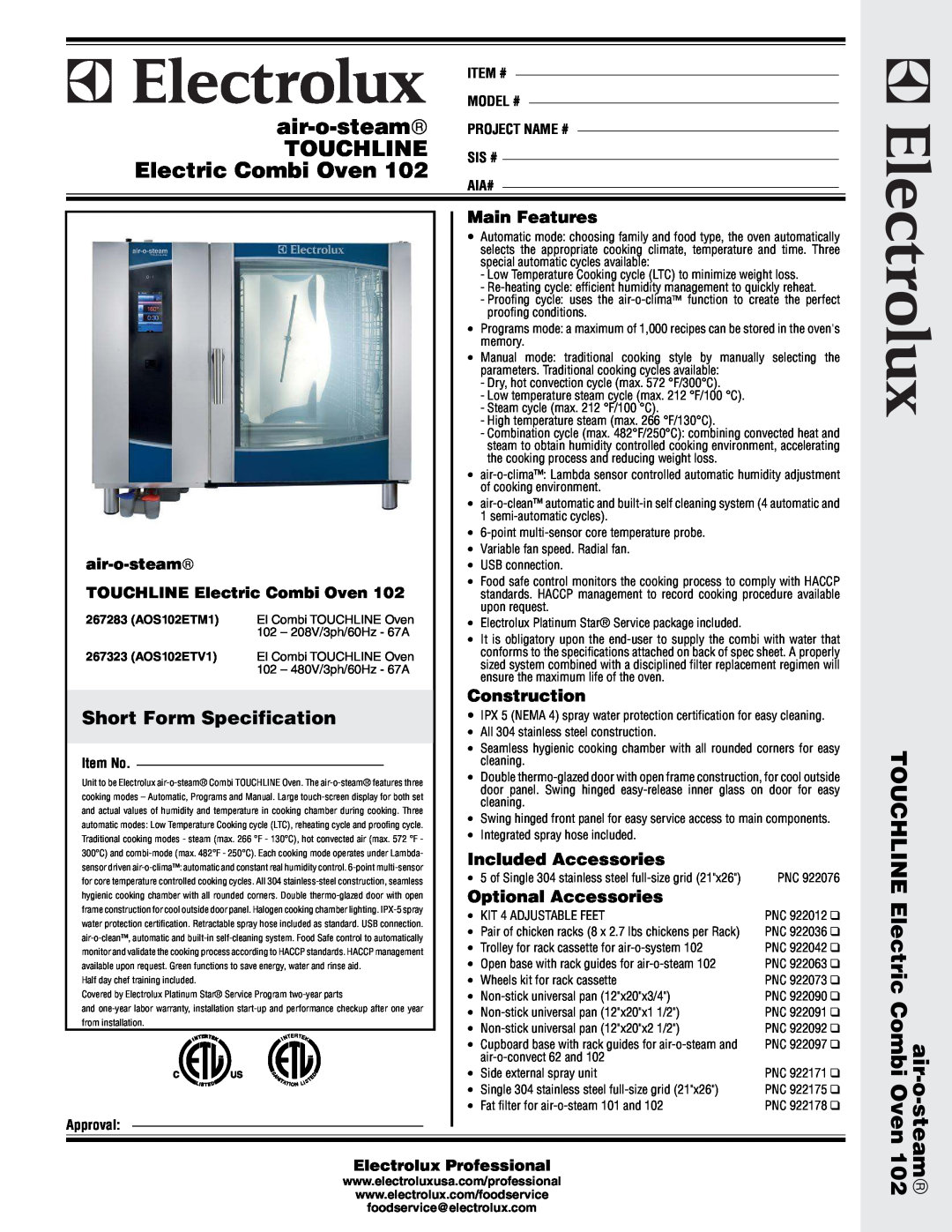 Electrolux 267283 (AOS102ETM1) warranty Short Form Specification, air-o-steamâ, TOUCHLINE Electric Combi Oven, Touchline 