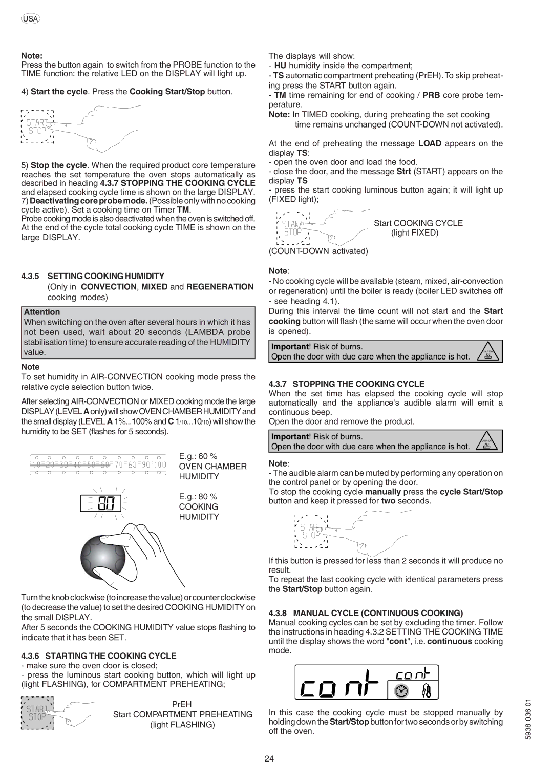 Electrolux 267553, 267554, 267552, 267550 Start the cycle. Press the Cooking Start/Stop button, Setting Cooking Humidity 