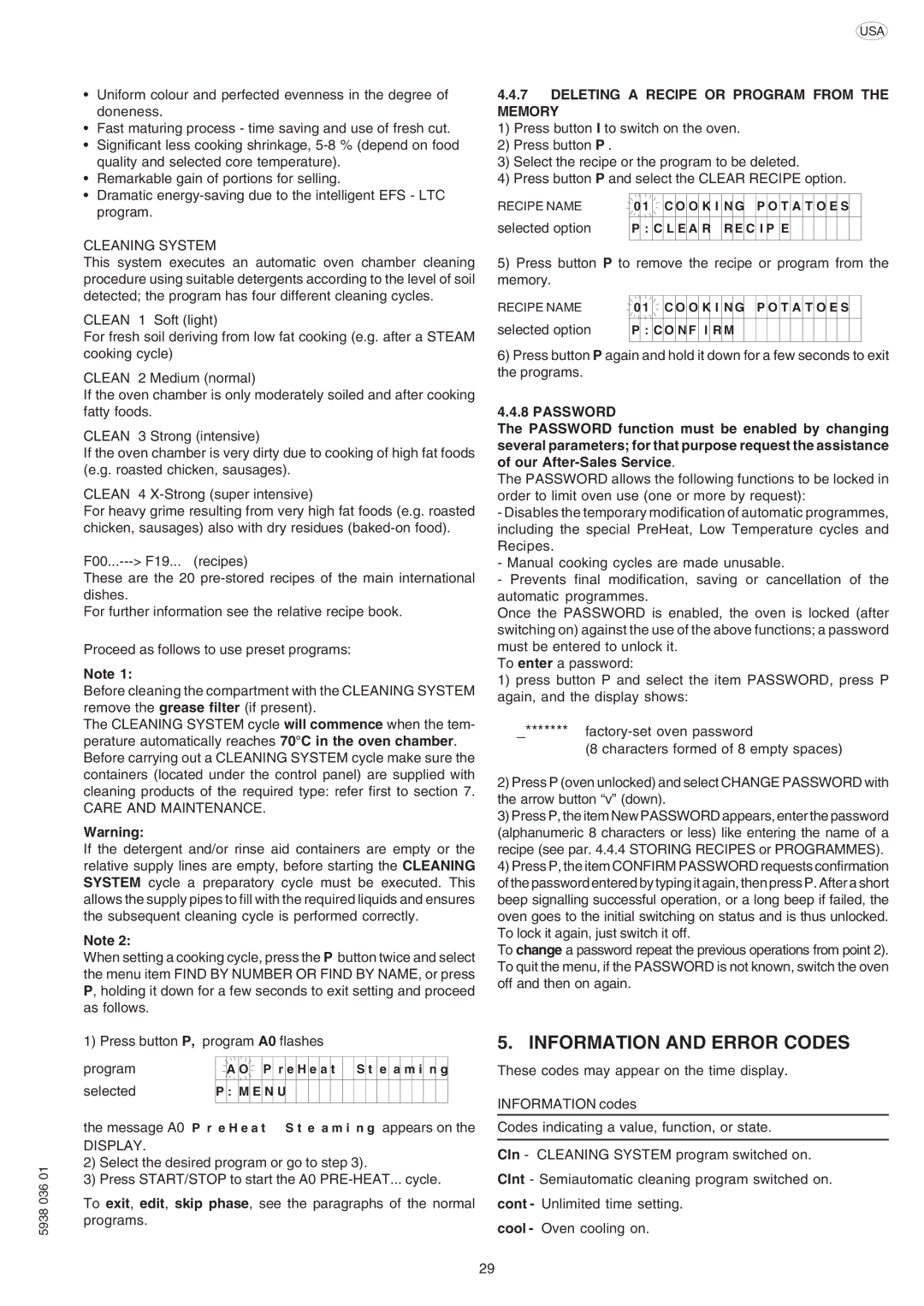 Electrolux 269555 Information and Error Codes, Deleting a Recipe or Program from the Memory, Selected option, Password 