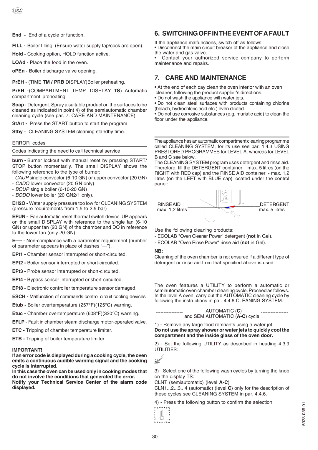 Electrolux 269554, 267554, 267552, 267553 Switching OFF in the Event of a Fault, Care and Maintenance, Rinse AID, Detergent 