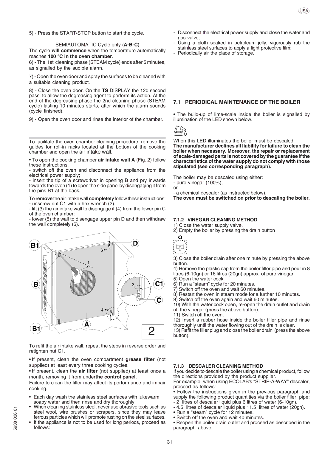 Electrolux 267555, 267554, 267552, 267553, 267550, 269550 manual Periodical Maintenance of the Boiler, Descaler Cleaning Method 