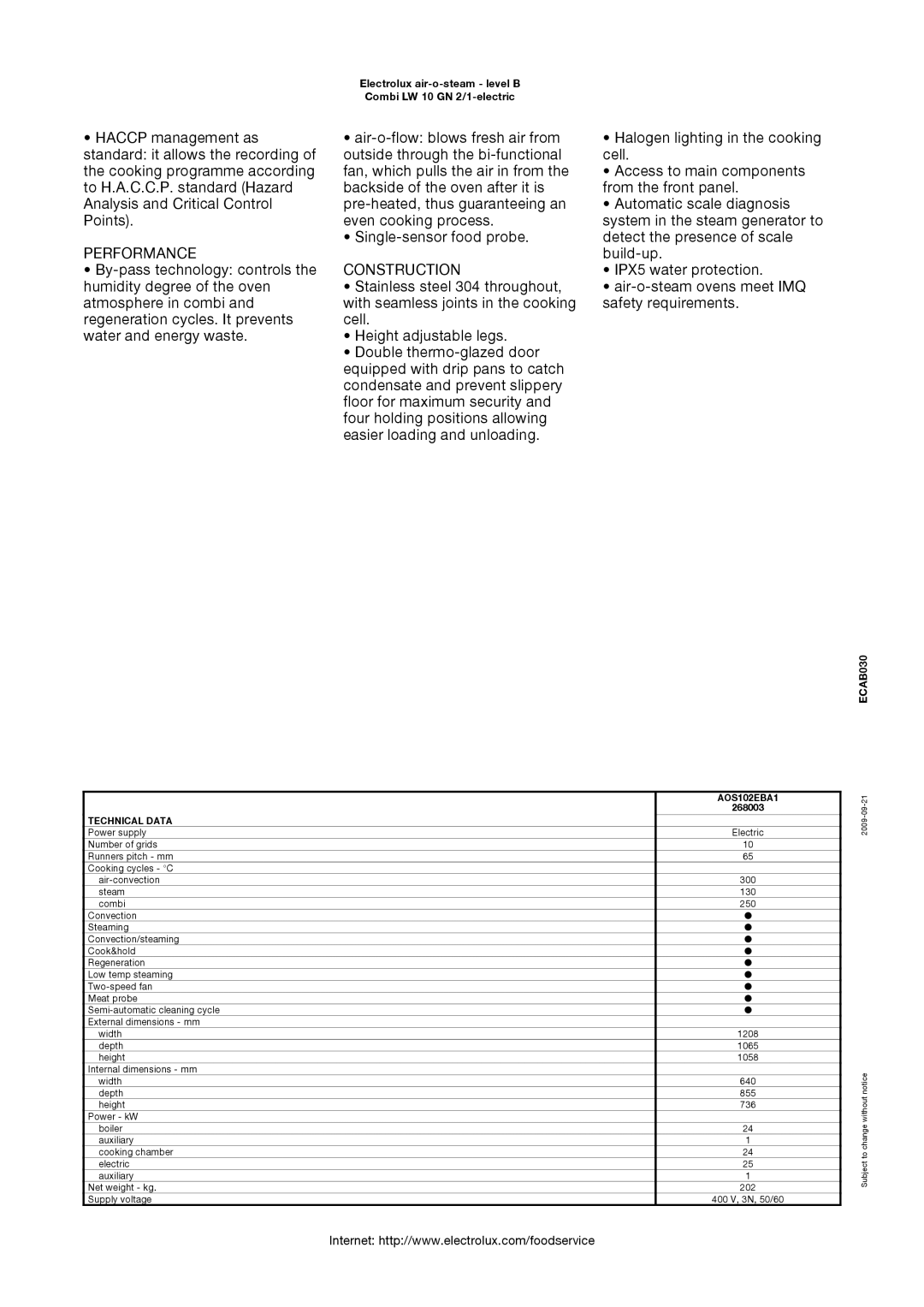 Electrolux 268003, AOS102EBA1 manual Performance, Construction 