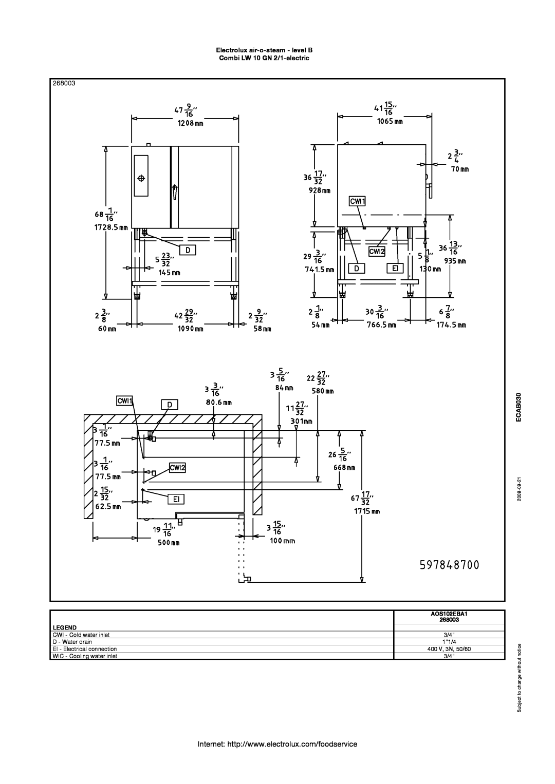 Electrolux 268003 manual Electrolux air-o-steam - level B Combi LW 10 GN 2/1-electric, ECAB030, AOS102EBA1, 2009-09-21 
