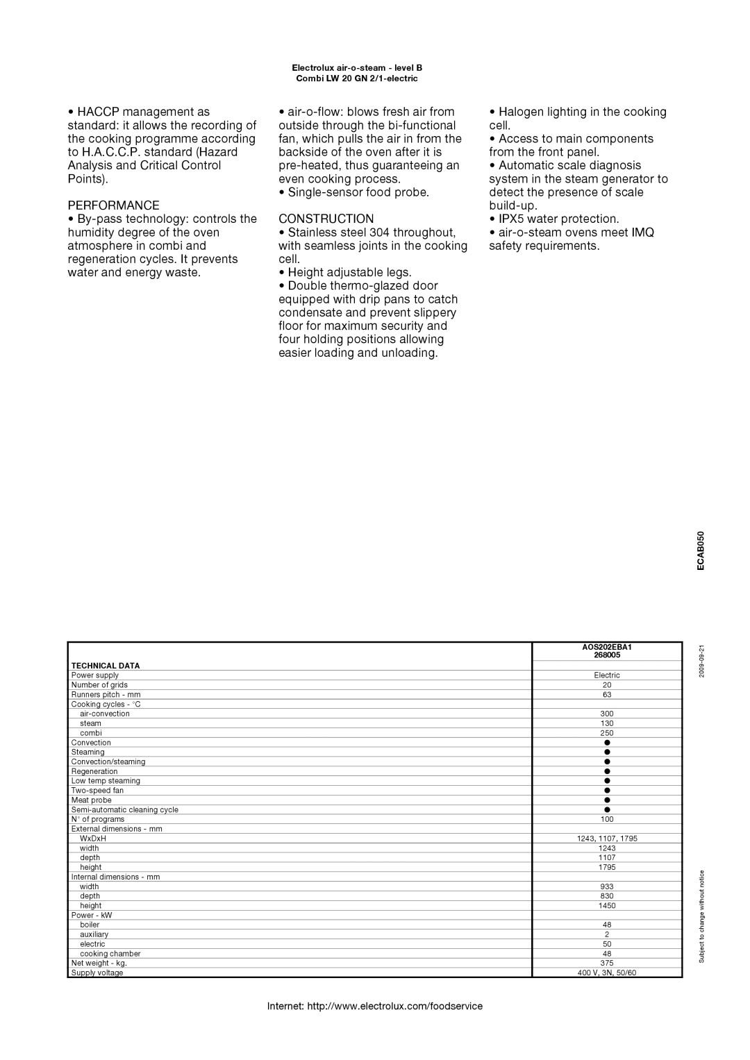 Electrolux 268005, AOS202EBA1 manual Performance, Construction 