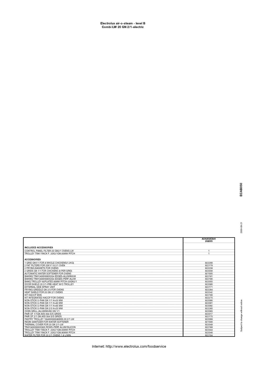 Electrolux AOS202EBA1, 268005 manual Included Accessories 