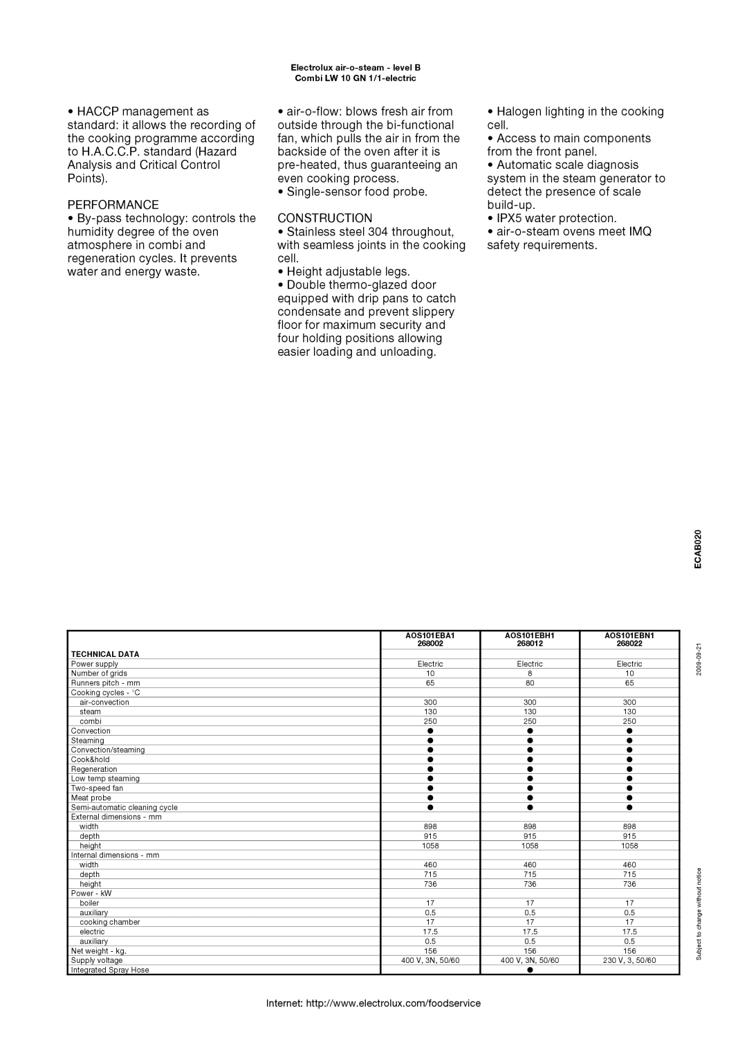 Electrolux AOS101EBH1, 268012, 268022, AOS101EBN1, AOS101EBA1, 268002 manual Performance, Construction 