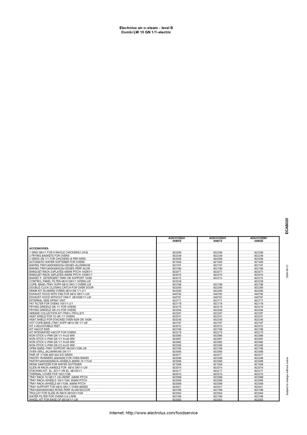 Electrolux AOS101EBN1, 268012, 268022, AOS101EBH1, AOS101EBA1, 268002 manual Accessories 