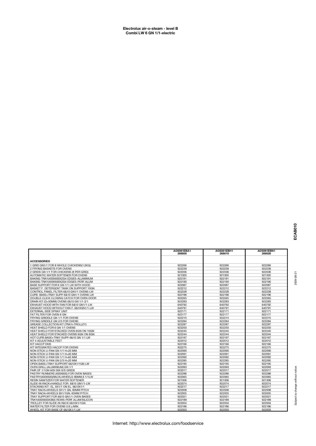 Electrolux AOS061EBH1, 268020, 268010, AOS061EBN1, AOS061EBA1, 268000 manual Accessories 