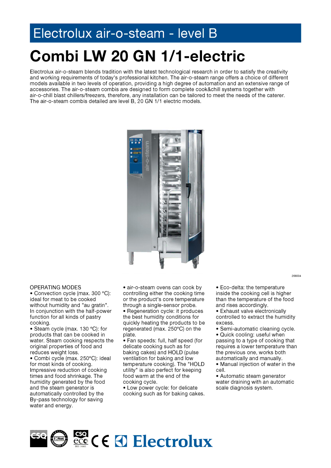 Electrolux 268004, 268024, 268014, AOS201EBN1, AOS201EBH1, AOS201EBA1 manual Combi LW 20 GN 1/1-electric, Operating Modes 