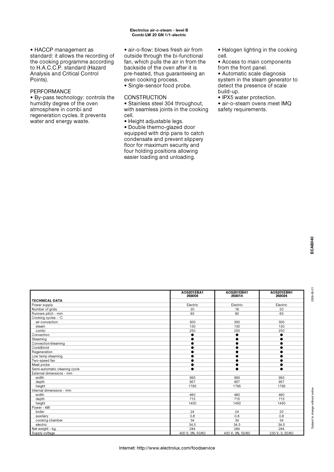 Electrolux 268014, 268024, 268004, AOS201EBN1, AOS201EBH1, AOS201EBA1 manual Performance, Construction 