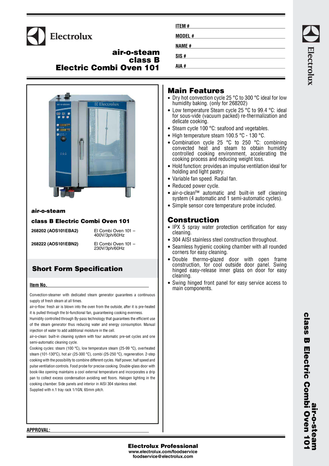 Electrolux 268202, 268222 manual Main Features, Construction, Short Form Specification 