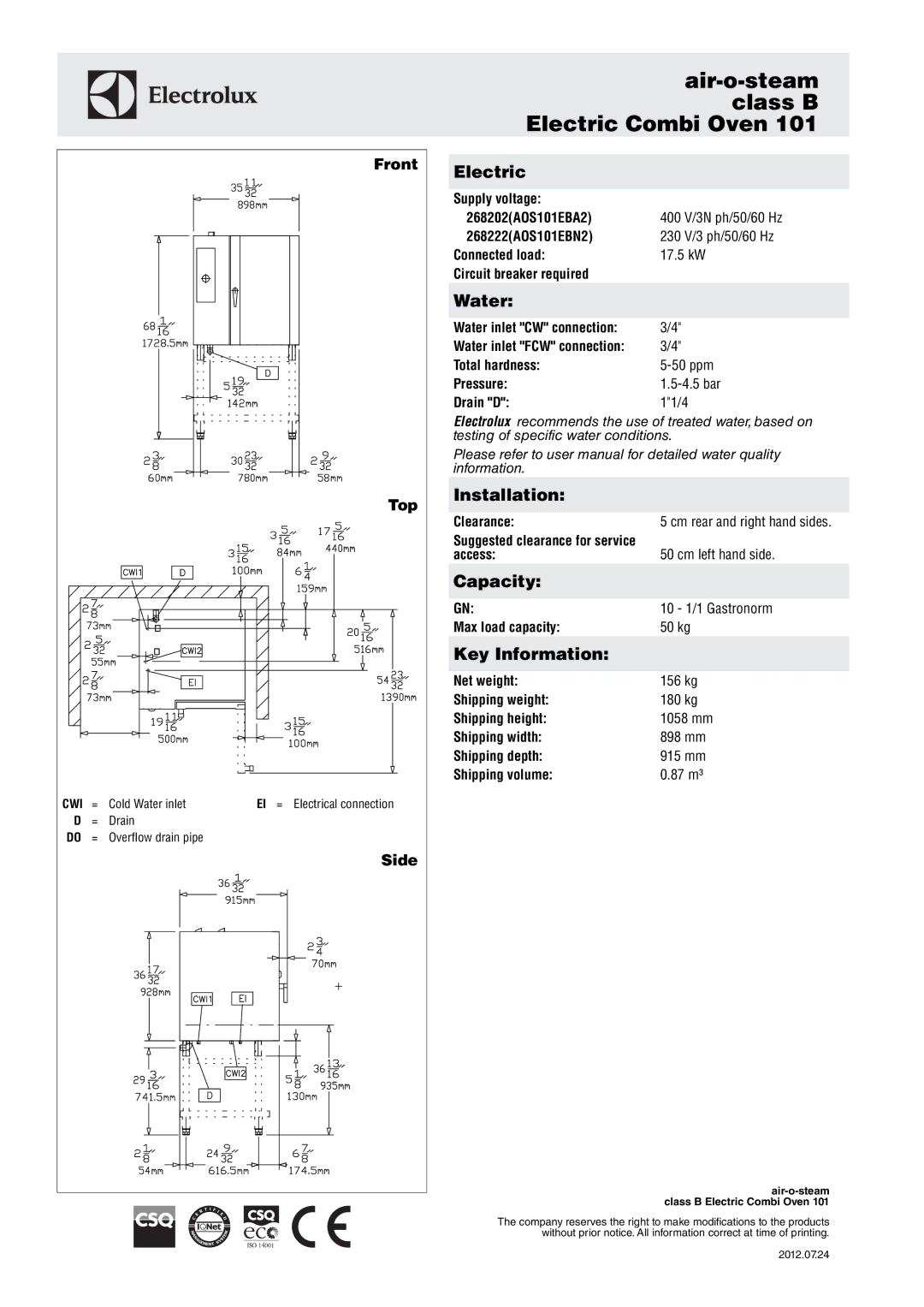 Electrolux 268222, 268202 manual Electric, Water, Installation, Capacity, Key Information 