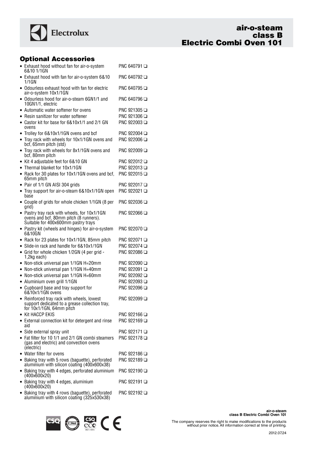 Electrolux 268202, 268222 manual Optional Accessories, 400x600x20 