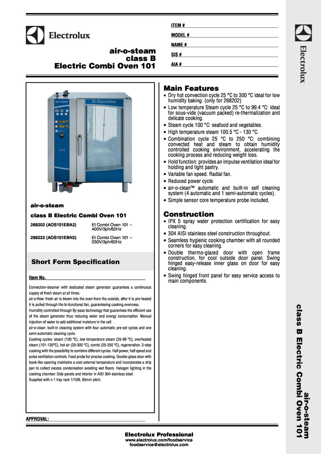 Electrolux 268202 manual air-o-steam class B Electric Combi Oven, Short Form Specification, Main Features 