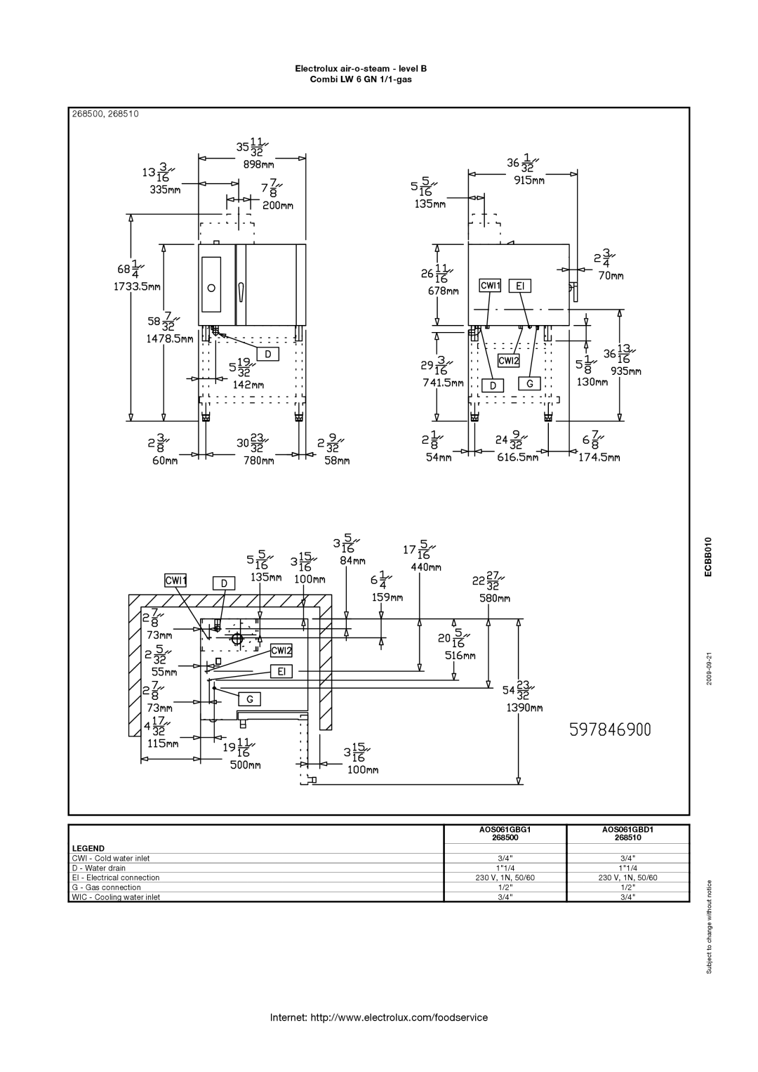 Electrolux 268500, AOS061GBD1, AOS061GBG1, 268510 manual 