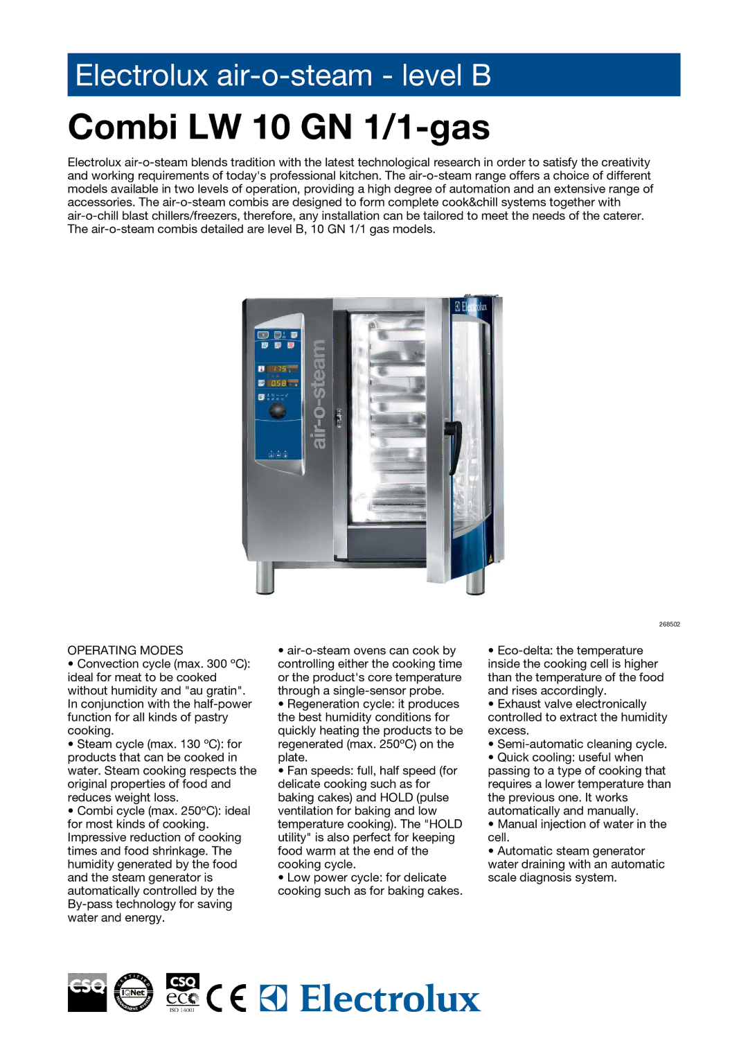 Electrolux AOS101GBG1, 268502, AOS101GBD1, 268512 manual Combi LW 10 GN 1/1-gas, Operating Modes 