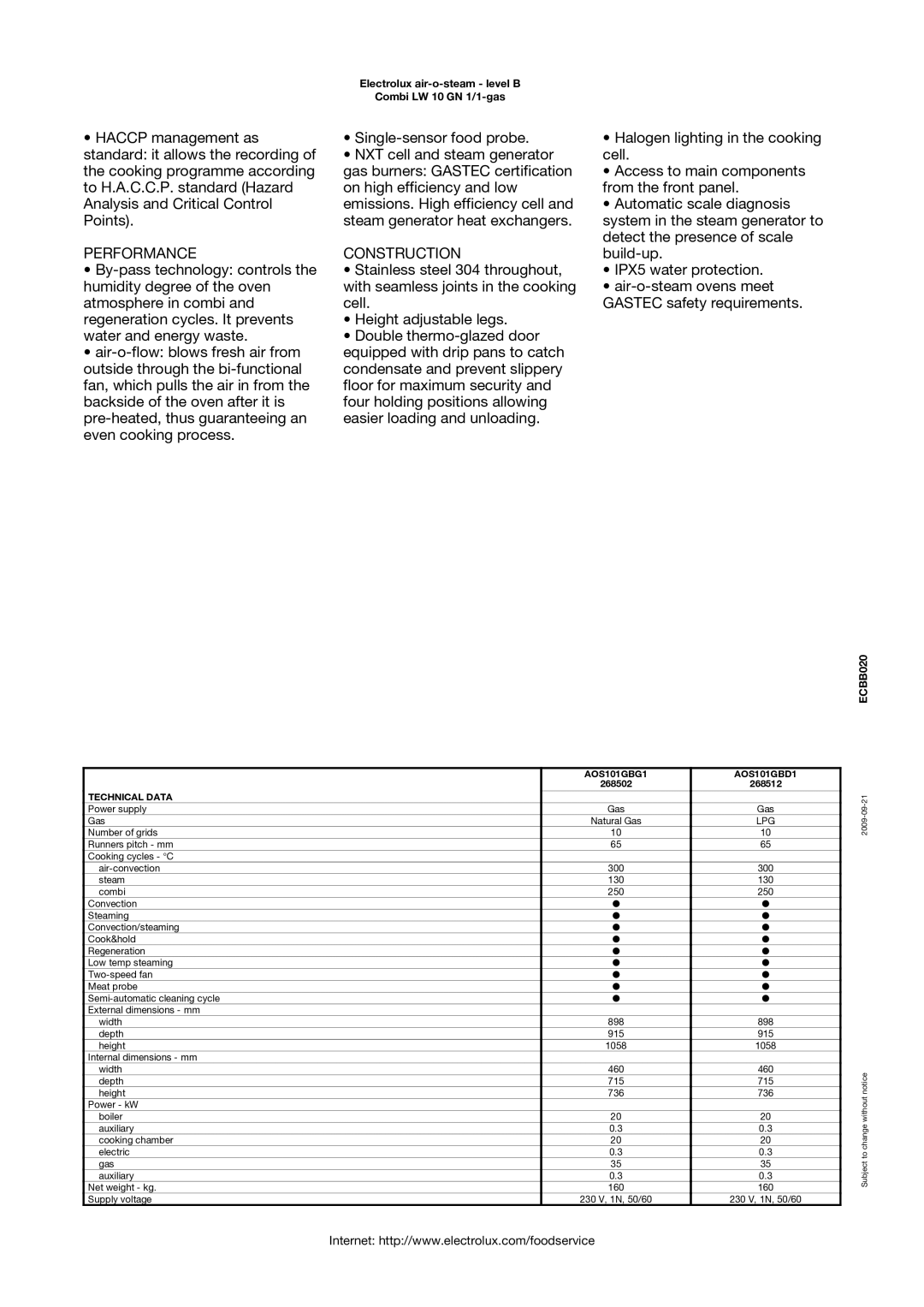 Electrolux AOS101GBD1, 268502, AOS101GBG1, 268512 manual Performance, Construction 