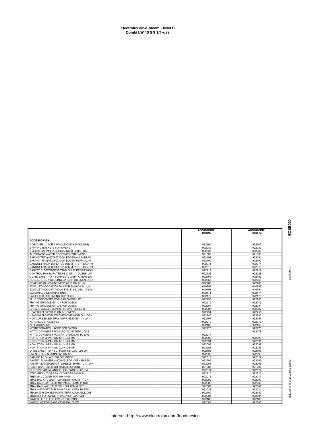 Electrolux 268512, 268502, AOS101GBG1, AOS101GBD1 manual Accessories 