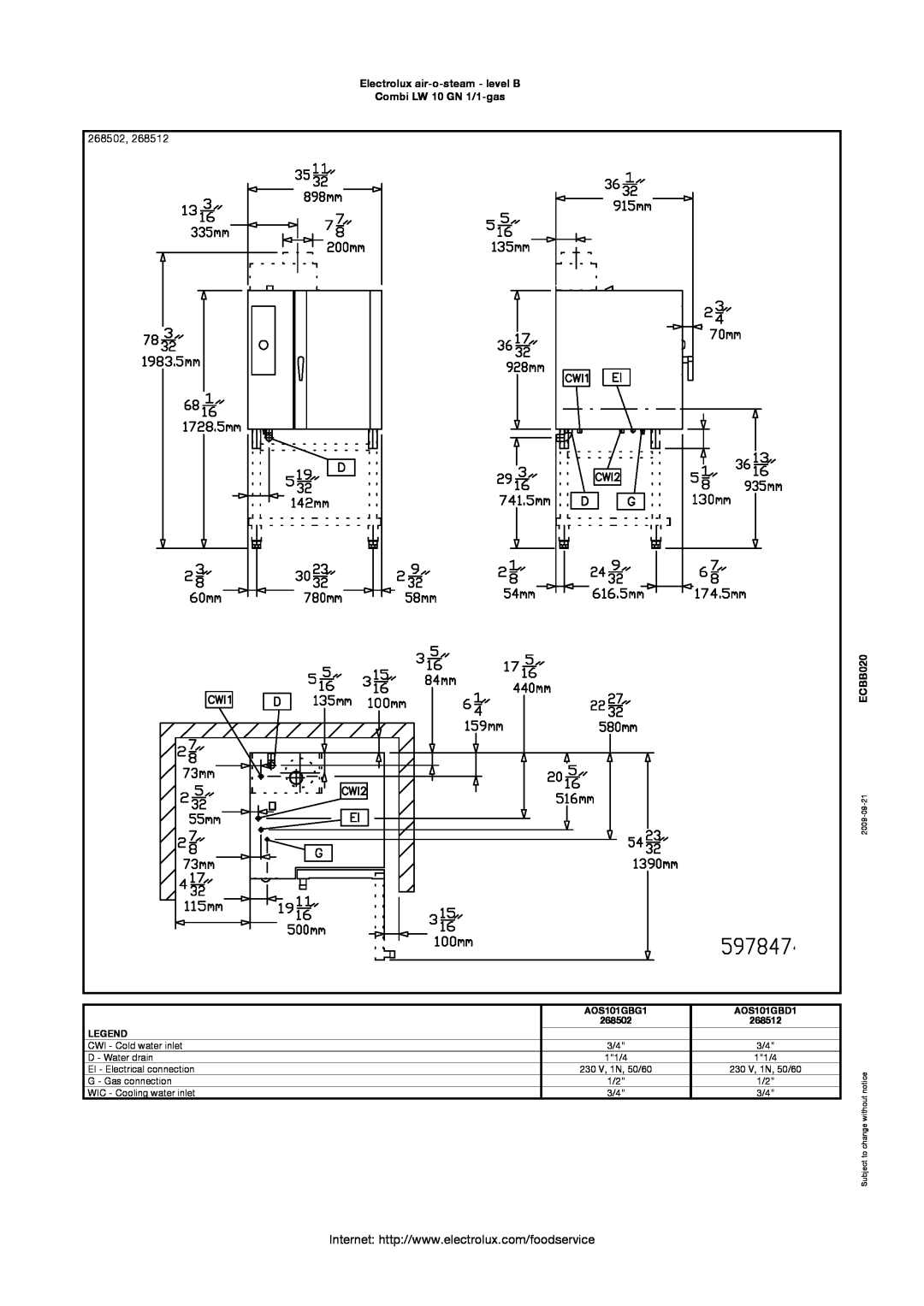 Electrolux 268502 manual Electrolux air-o-steam - level B Combi LW 10 GN 1/1-gas, ECBB020, AOS101GBG1, AOS101GBD1, 268512 