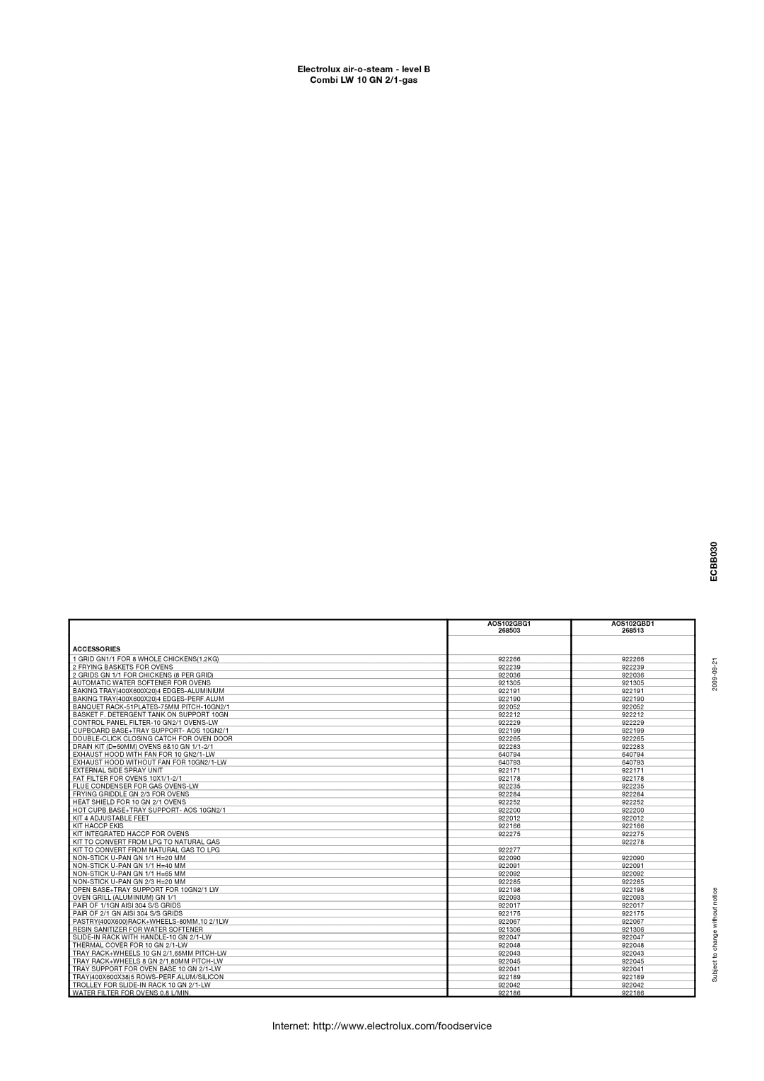 Electrolux 268513, 268503, AOS102GBD1, AOS102GBG1 manual Accessories 