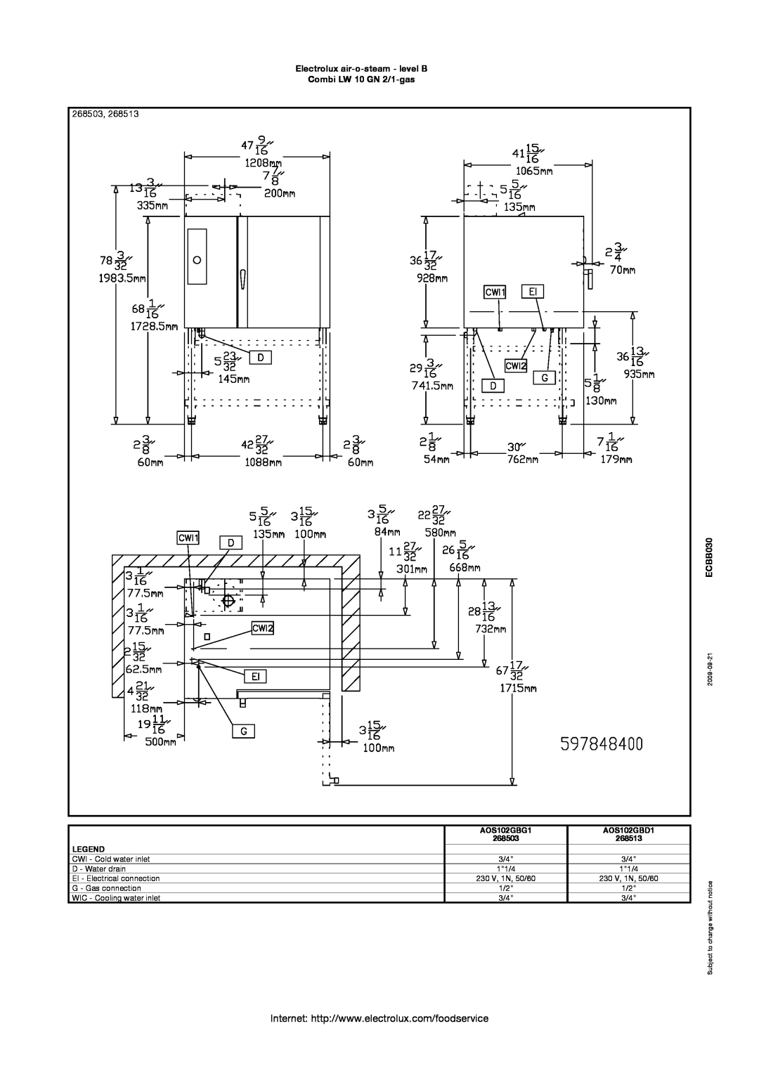Electrolux 268503 manual Electrolux air-o-steam - level B Combi LW 10 GN 2/1-gas, ECBB030, AOS102GBG1, AOS102GBD1, 268513 