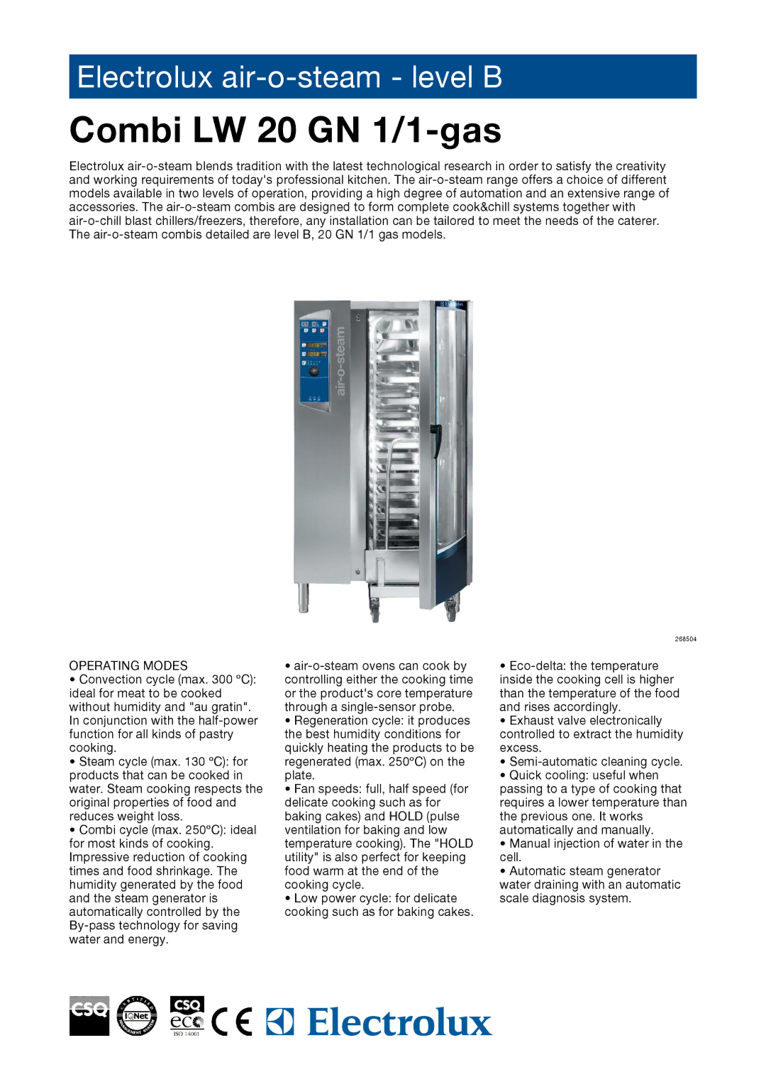 Electrolux AOS201GBG1, 268504, AOS201GBD1, 268514 manual Combi LW 20 GN 1/1-gas, Operating Modes 