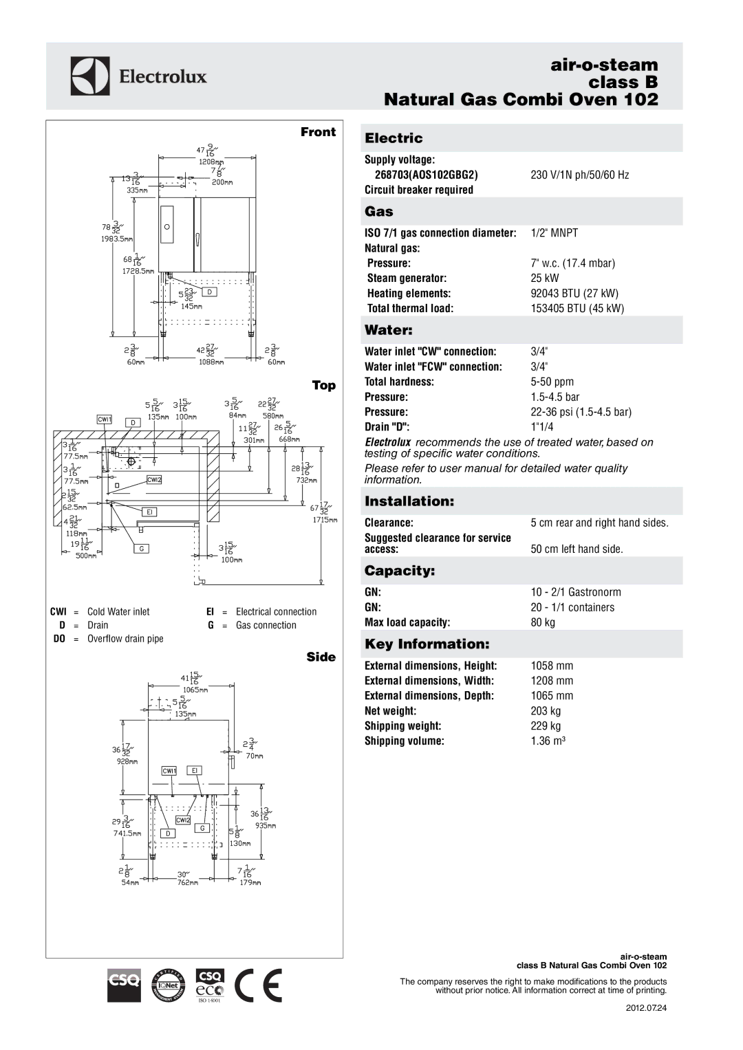 Electrolux 268703 manual Electric, Gas, Water, Installation, Capacity, Key Information 