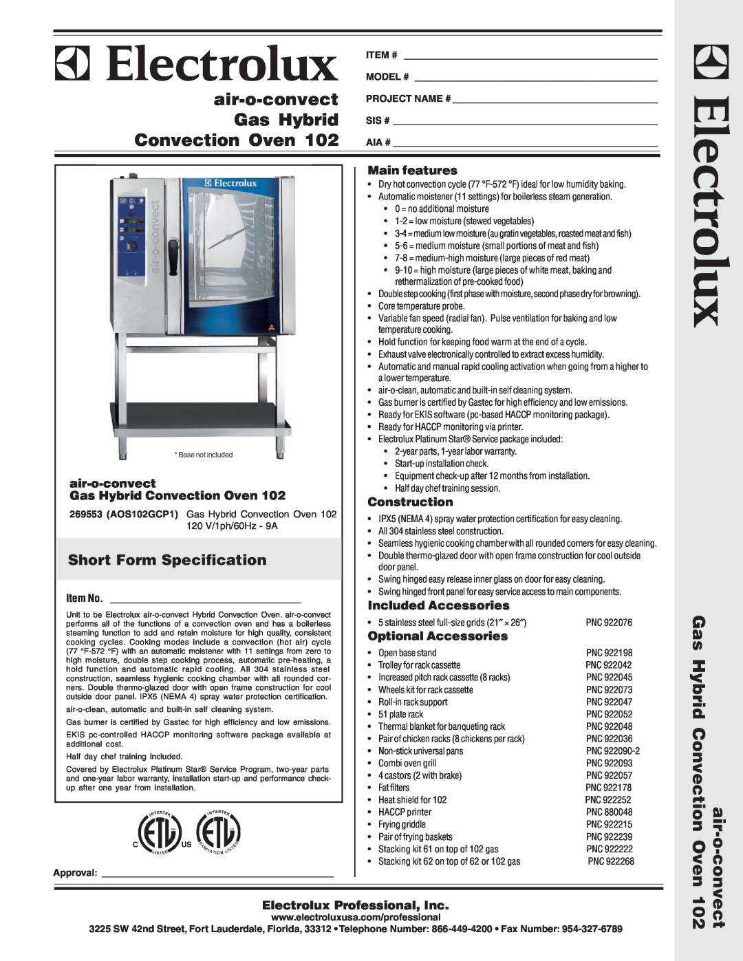 Electrolux 269553 (AOS102GCP1) warranty Short Form Specification, air-o-convect Gas Hybrid Convection Oven, Main features 