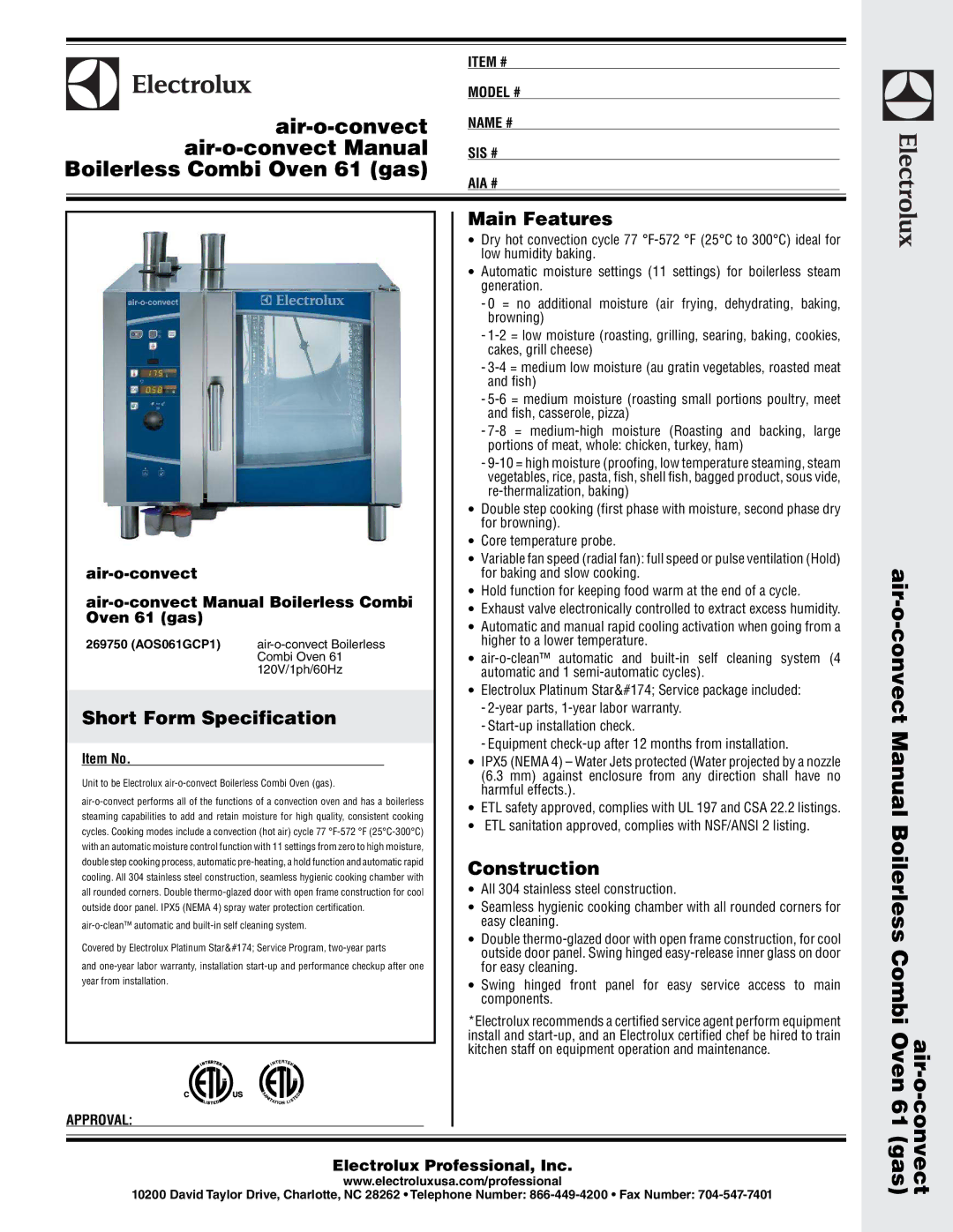 Electrolux 269750 warranty Main Features, Short Form Specification, Construction 