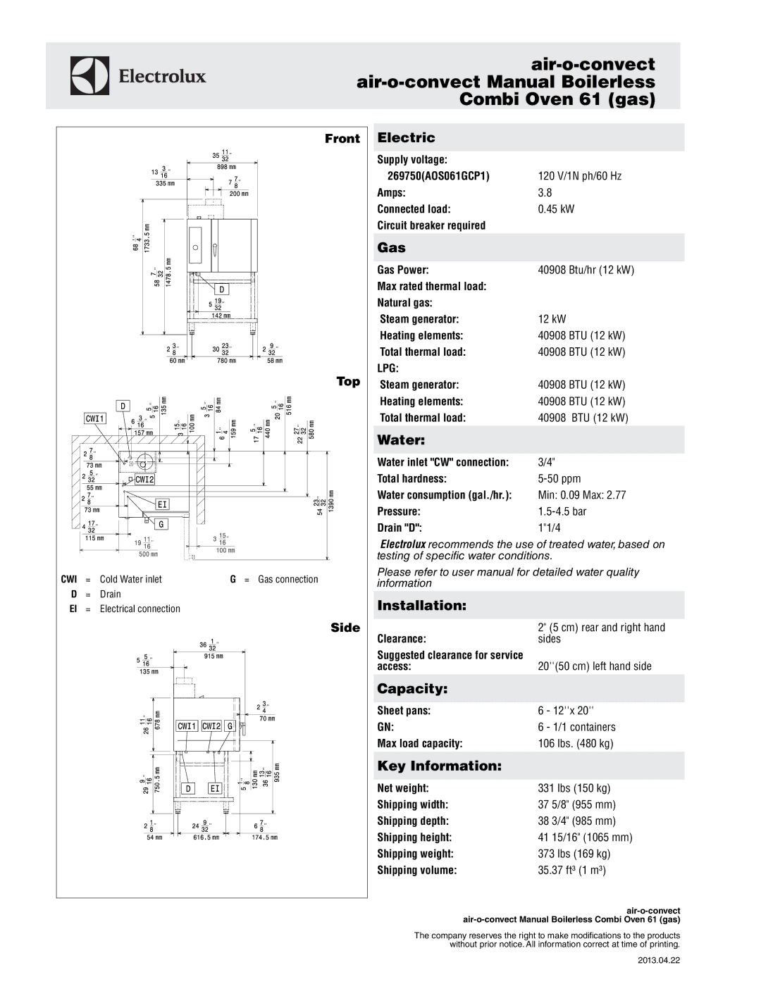 Electrolux 269750 warranty Electric, Gas, Water, Installation, Capacity, Key Information 